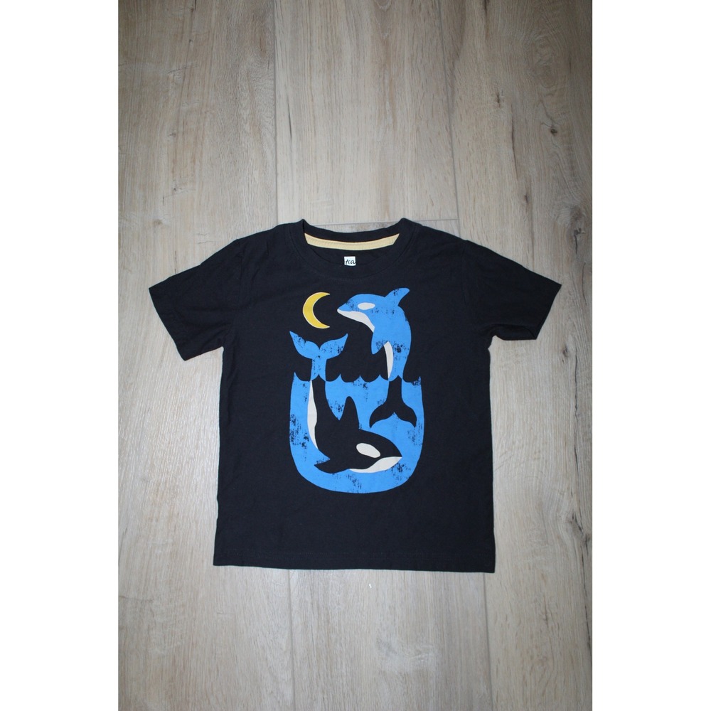 Tea Collection Kids Black Orca Whale Moon Graphic Tee Short Sleeve Shirt Size 4